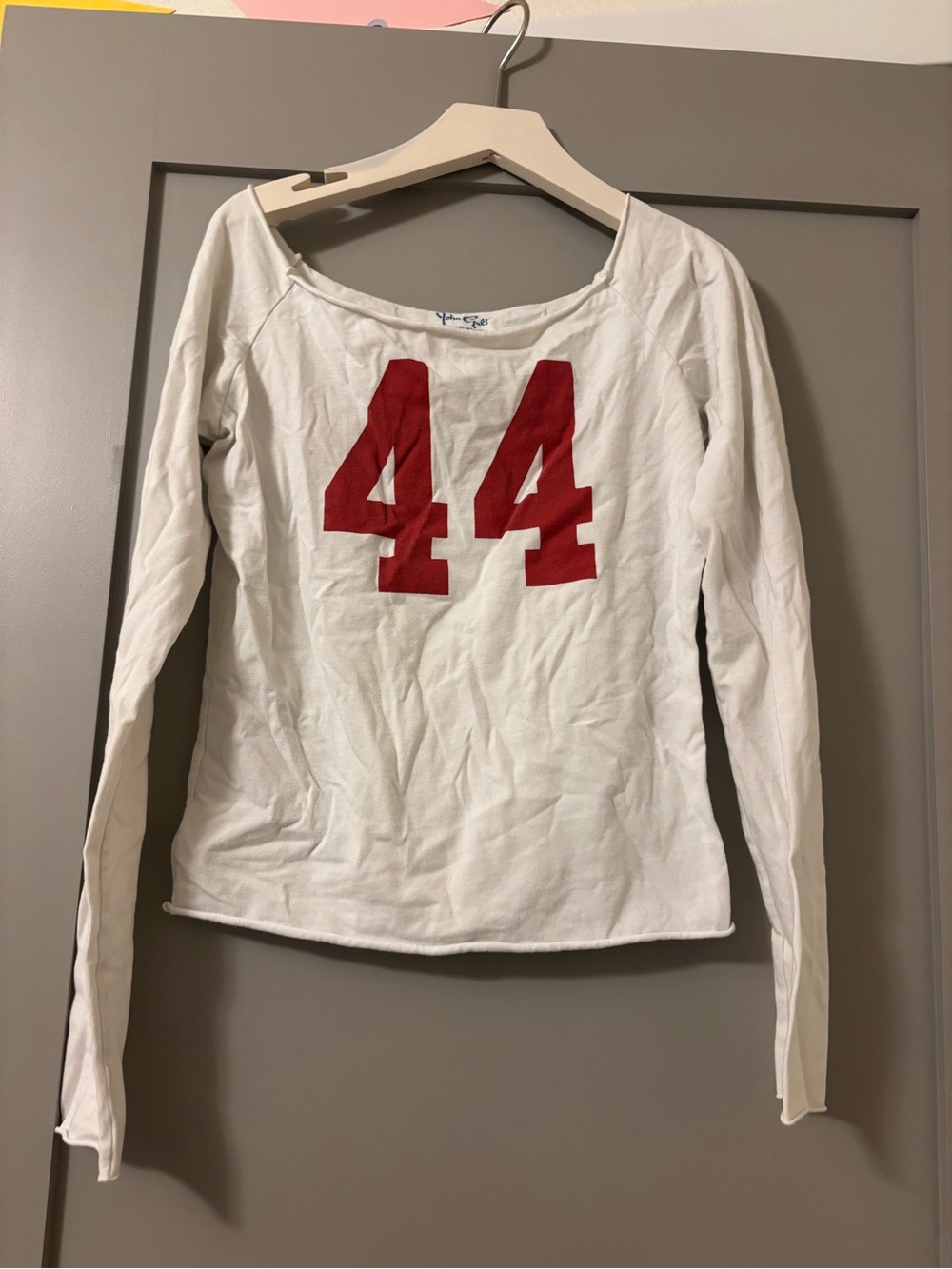Brandy Melville White Long-Sleeve Tee with Red '44' Graphic